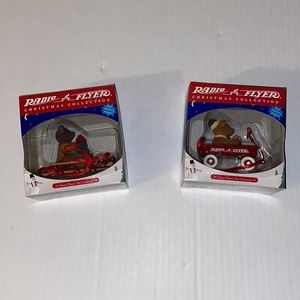 Radio Flyer Christmas Ornaments Set Of Two: Bear On A Sled And A Bear In A Wagon